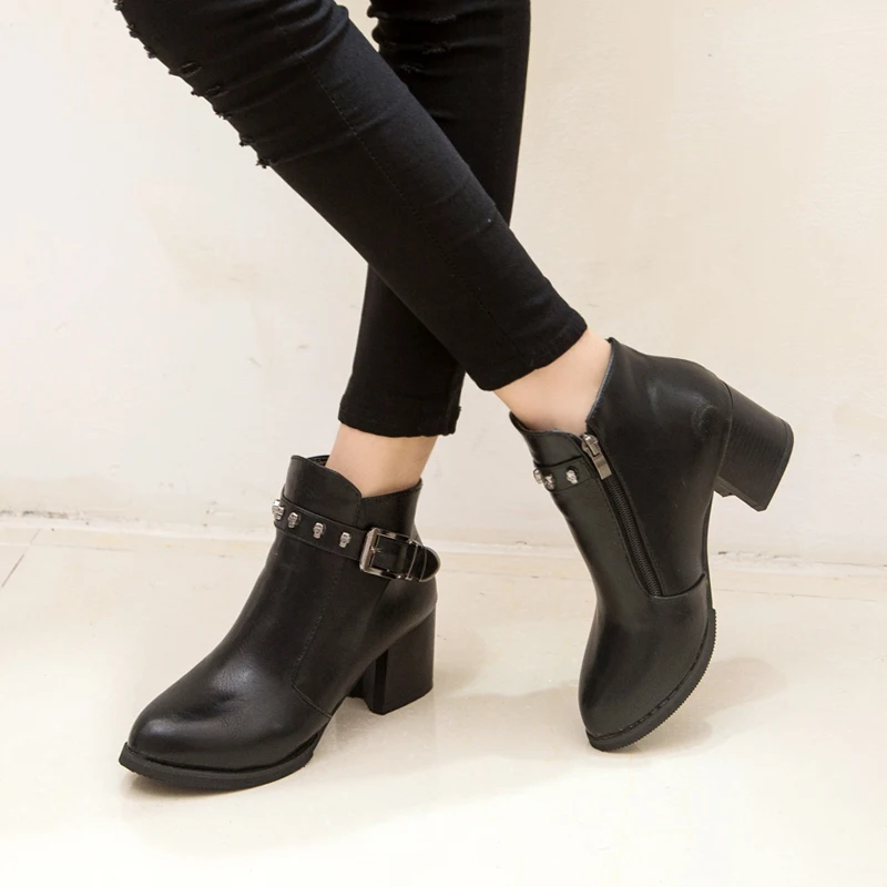 Зима осень женщины платформы квадратный каблук ботильоны краска кожаные сапоги