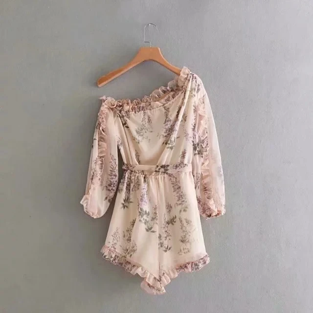 Женское пляжное платье boho розовое шифоновое с рюшами на одно плечо | Женская