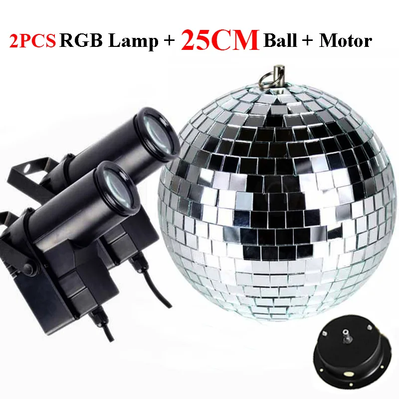 25CM Ball Add 2 Lamp Thrisdar D20CM 25 см 30 см вращающееся отражающее стекло зеркало диско шар с мотором и RGB луч Pinspot DJ домашние вечерние светильник для сцены - Цвет: 25CM Ball Add 2 Lamp