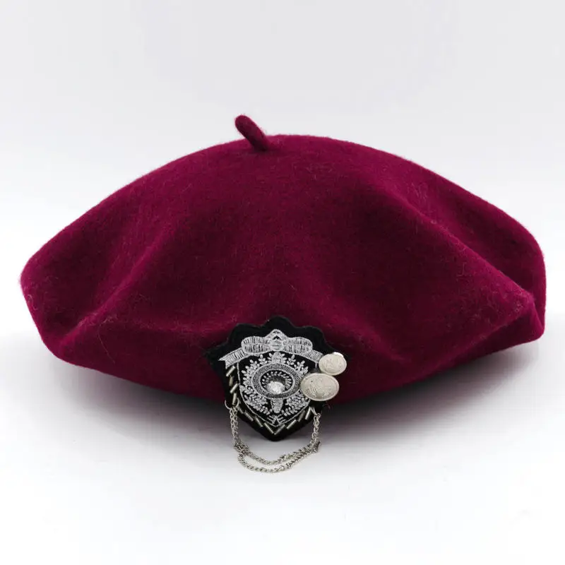 wine red Jiexijie,, шерсть, берет, женские зимние шапки, модели VIVI, с заклепками, шерстяные береты, женская шапка художника, с заклепками, Круглая Шапка для женщин - Цвет: wine red
