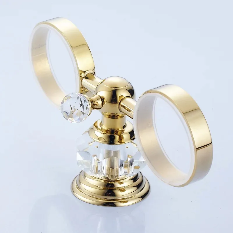 Двойной держатель для чашек в ванную комнату с золотистыми кристаллами полка