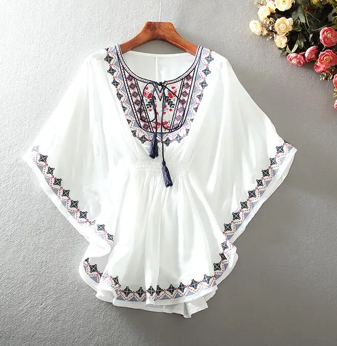 Women's Spring summer butterfly Sleeve embroidery Shirt Female Vintage National Loose Casual Shirt Blouse TB1338