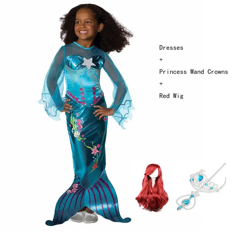 Blue Dresses 04 Маскарадные костюмы для девочек, Русалочка, Линда, фантазия, менина Ариэль, праздничные платья с жемчугом, Детские карнавальные костюмы на Хэллоуин - Цвет: Blue Dresses 04