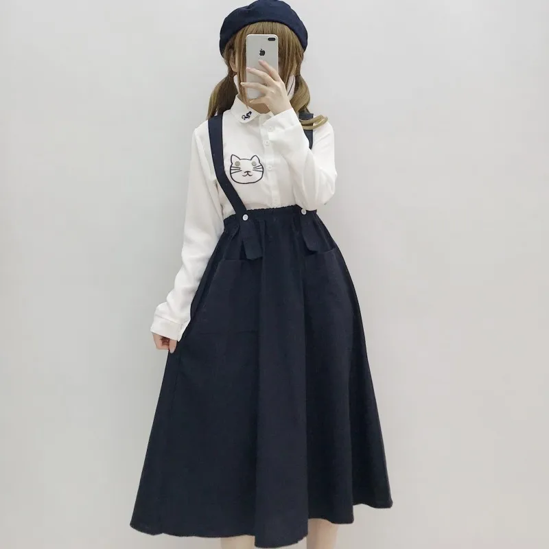 Женский повседневный миди сарафан японского стиля"Preppy Style",темно-синего цвета,с карманами, милая хлопковая-льняная полотно юбка для девушек