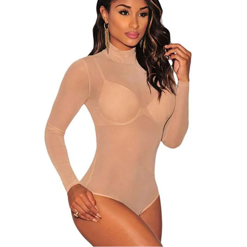 Nude Bodysuit SEBOWEL, женские прозрачные сетчатые боди с высоким воротом, прозрачные, с длинным рукавом, женские трико, боди, перспективный боди, топы для ночного клуба - Цвет: Nude Bodysuit