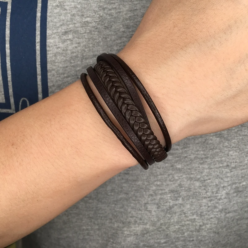 Мужские браслеты манжеты из нержавеющей стали черные широкие плетеные кожаные