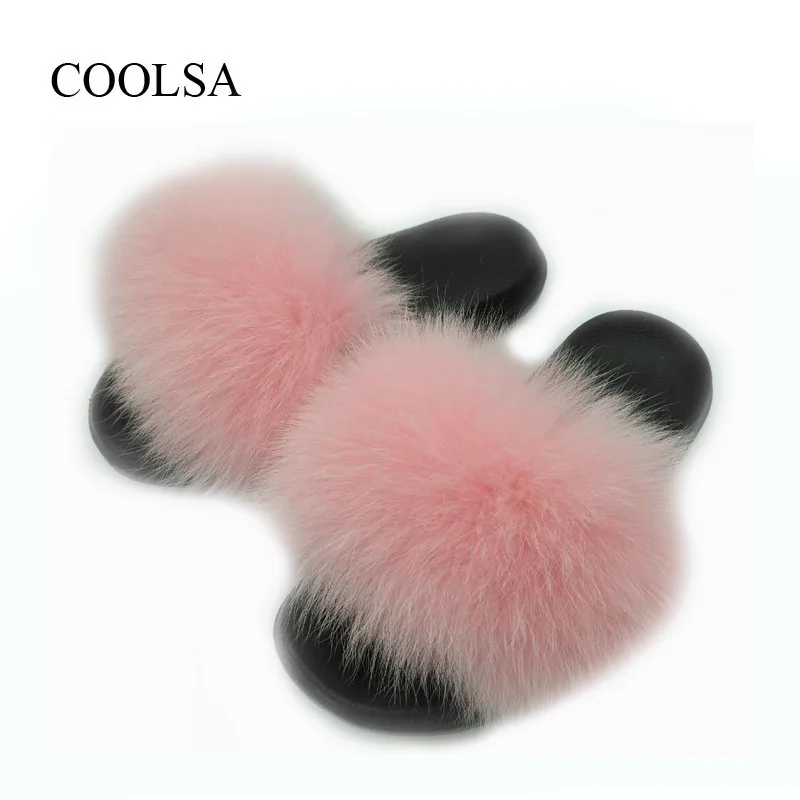 Light Pink COOLSA/женские шлепанцы из натурального Лисьего меха; женские летние домашние меховые тапочки; женские нескользящие теплые меховые плюшевые шлепанцы; Прямая - Цвет: Light Pink