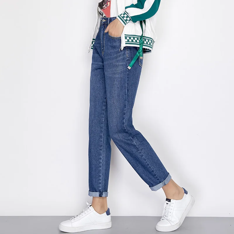 Autumn Casual Style Light Washed Full Length Medium Blue Plus Size 50-120kg Loose Harem High Waist Jeans Women 7090 |