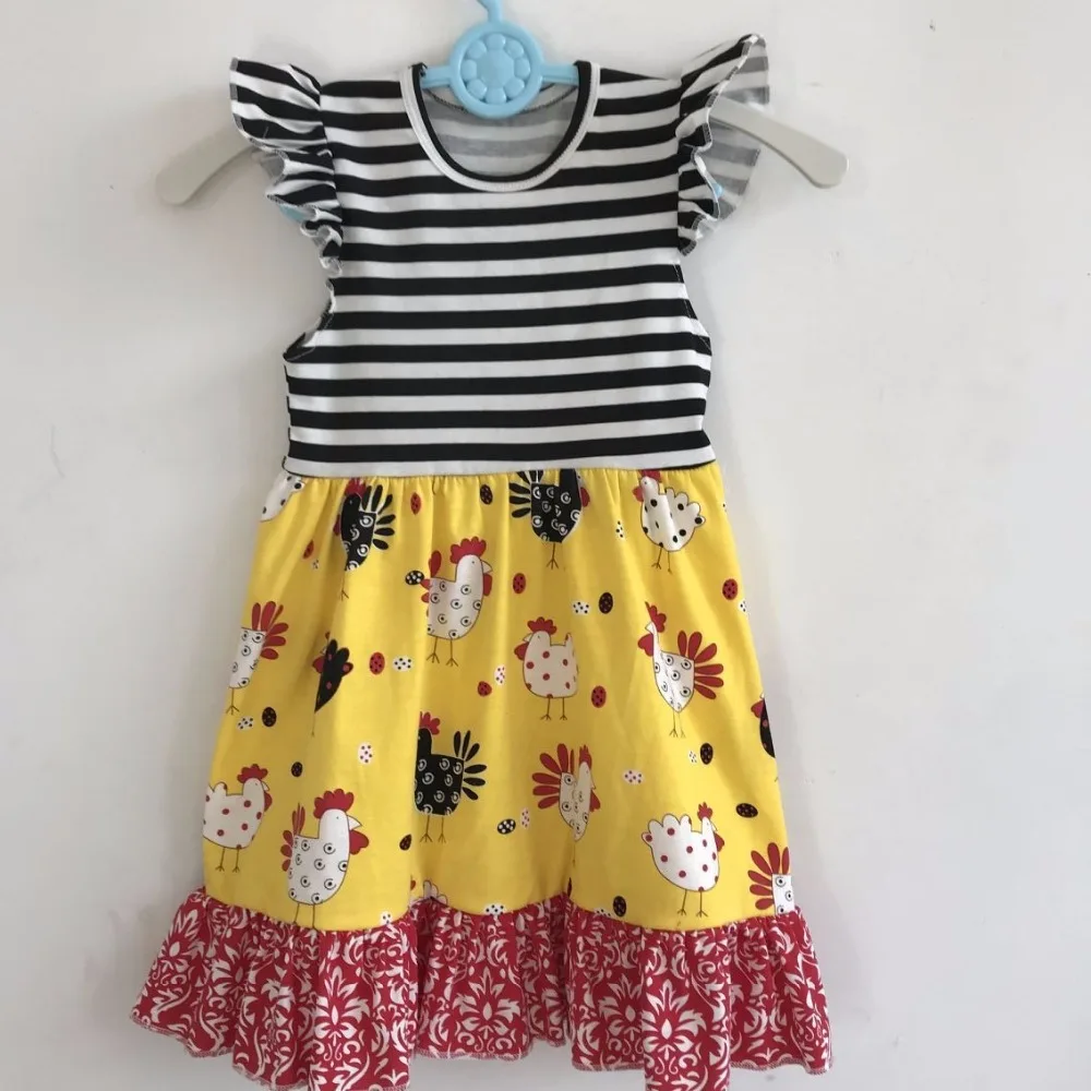 2018 summer baby clothes girl cotton dresses chicken print flutter sleeve dress stripped | Детская одежда и обувь