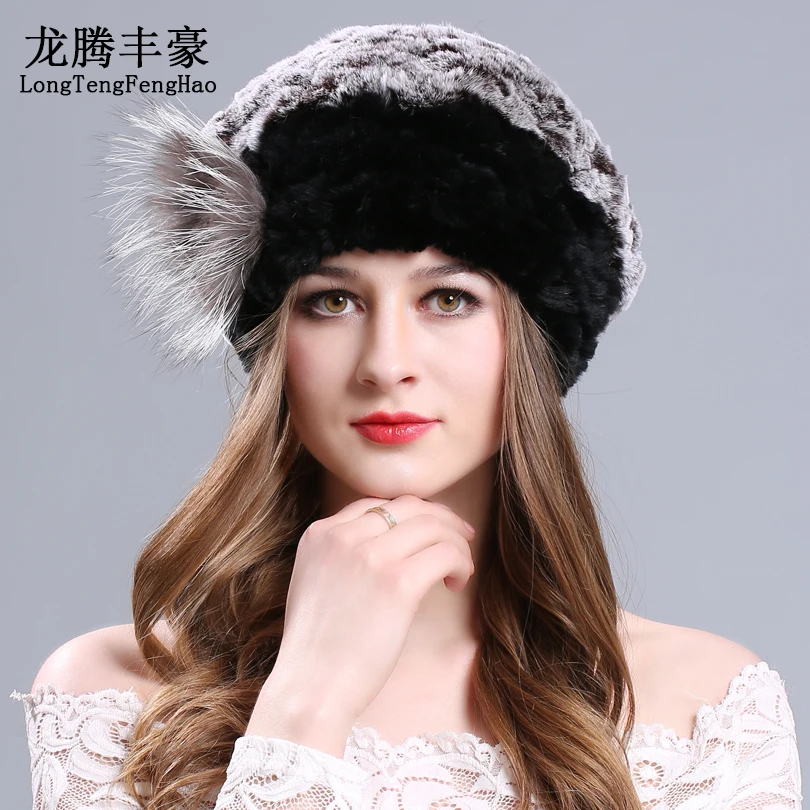 Женский вязаный берет из кроличьего меха с цветком | Аксессуары для одежды