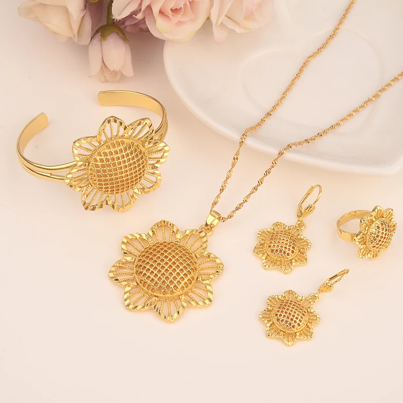 Эфиопский 24 К Solid Fine золото цветок набор Jewelry Подвеска Сеть Серьги африканские