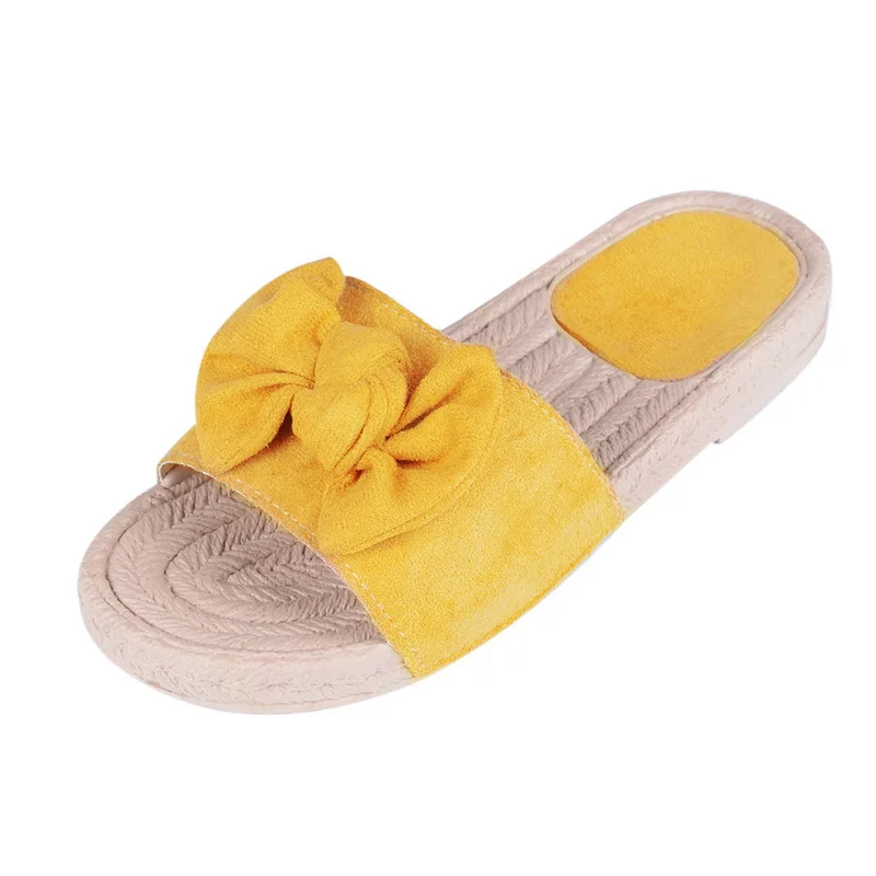yellow A Летние шлепанцы; женские босоножки в горошек с бантом; шлепанцы; уличные льняные Вьетнамки; пляжная обувь; женские модные сандалии на плоской подошве с цветочным рисунком - Цвет: yellow A
