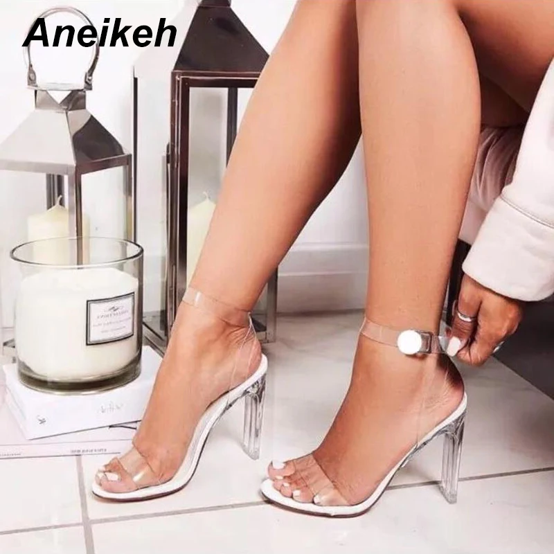 Aneikeh/женские босоножки, женские туфли-гладиаторы, пикантные прозрачные туфли на высоком каблуке, Классические свадебные туфли из ПВХ с кристаллами, zapatos mujer, с открытым носком, каблук 11 см