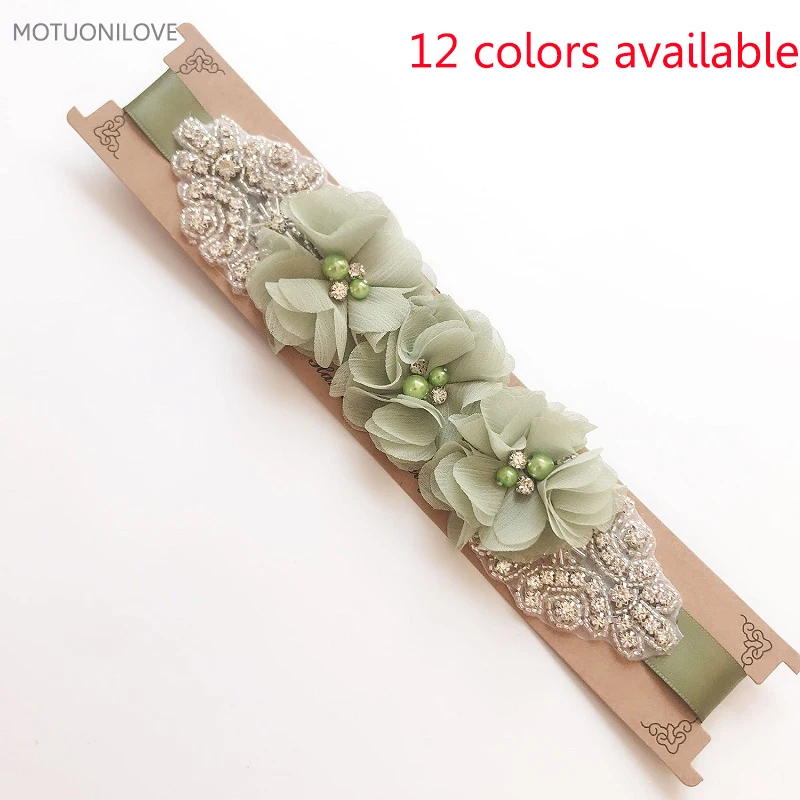 

12 Color Available 2019 Summer Fashion Wedding Flower Bridal Belt Pearls Beaded Handmade Chiffon Flower Sashes Belt for Partys