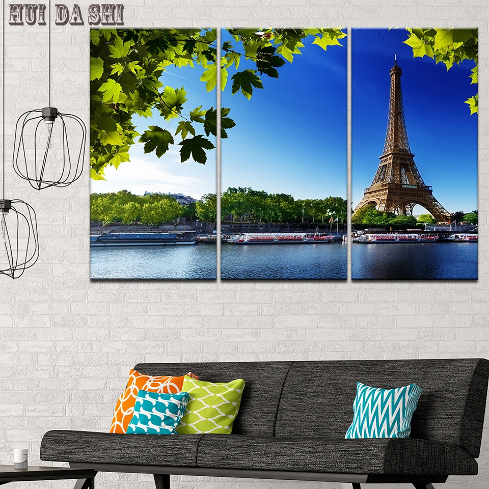 Canvas HD Prints Pictures Room Wall Art 3 Pieces Paris Tower River Riverside Painting Landscape Poster Home Decor Framework | Дом и сад
