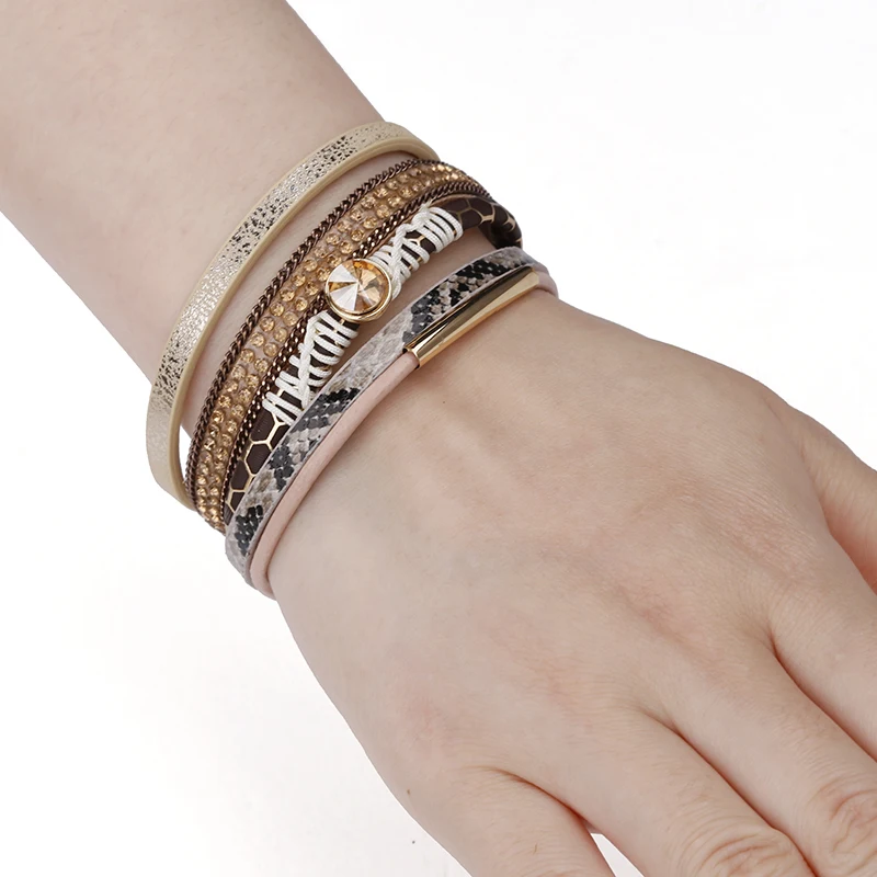 Amorcome Mulitlayer Leather Bracelets For Women Female Summer Trendy Design Metal Charm Wide Bracelets& Bangles Female Jewelry