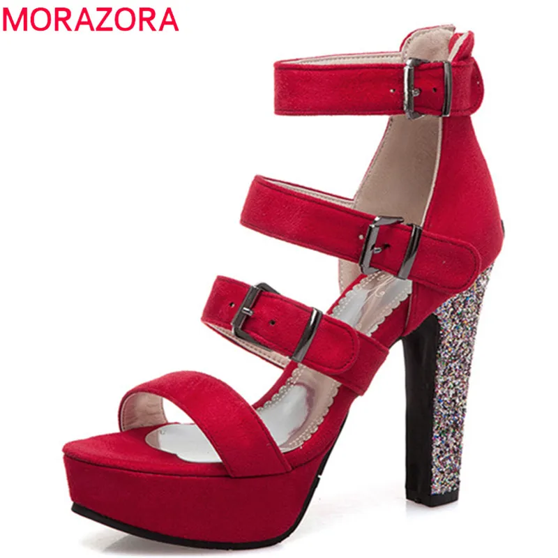 Женские босоножки из флока MORAZORA черные на платформе и высоком каблуке