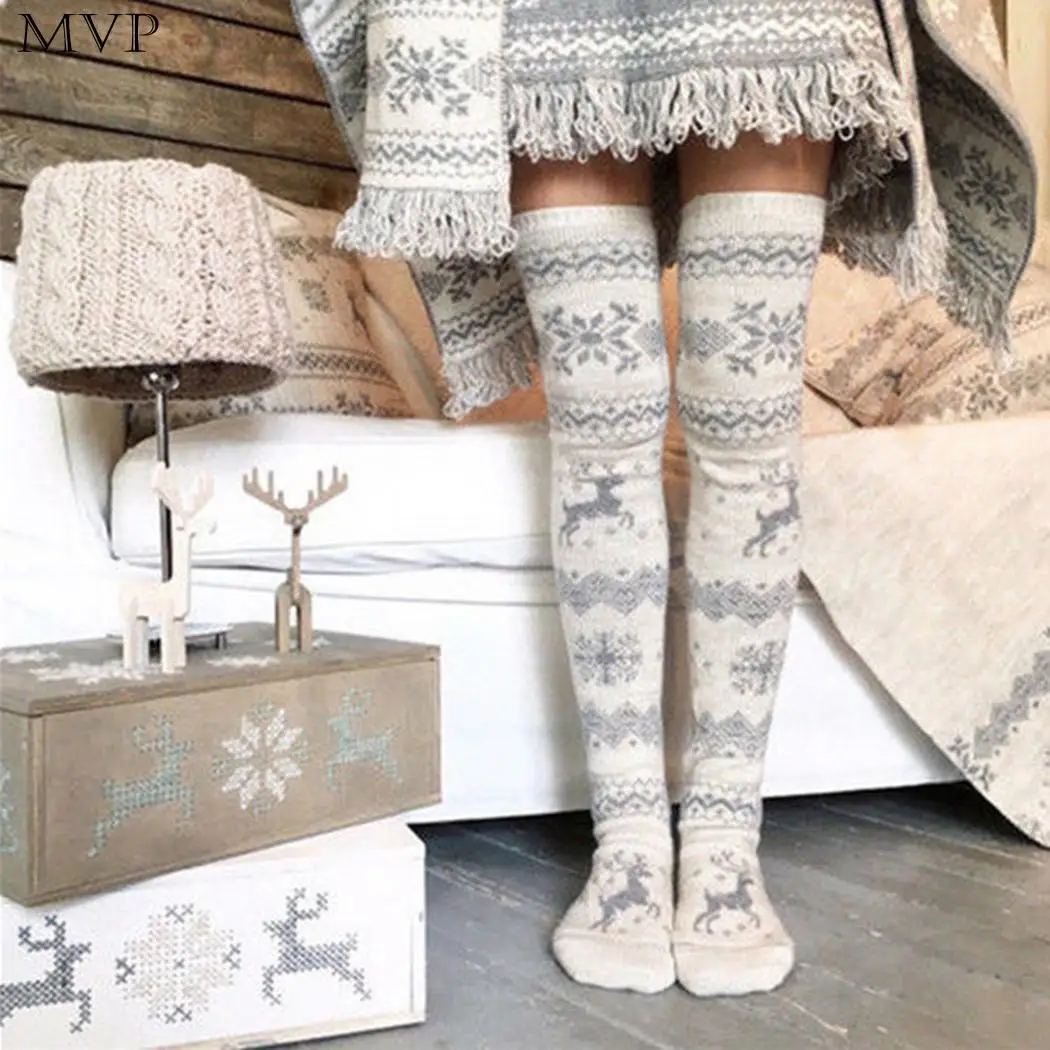 Women Christmas Pattern Stretchy Thigh High Absorb Sweat Anti-friction Breathable Cotton Fall Winter Socks | Женская одежда