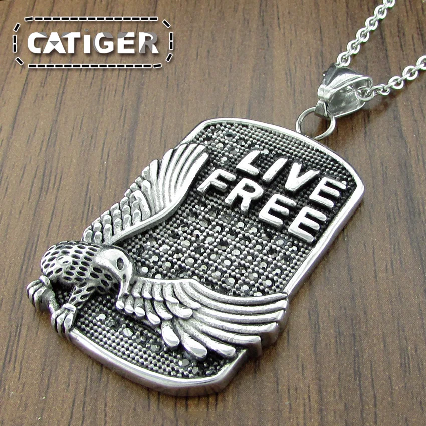 Punk 316L Stainless Steel Silver color Black Rhinestone Live Free Eagle Biker Pendant (Include the Link Chain For Free) | Украшения и