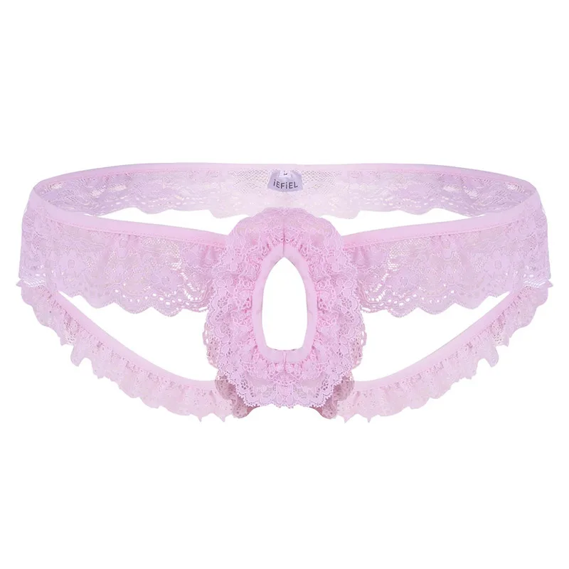 Pink Мужское нижнее белье, кружевные оборки, неженкие мужские трусы с открытой спиной, нижнее белье с открытой спиной, эротические сексуальные трусы для геев, трусы - Цвет: Pink