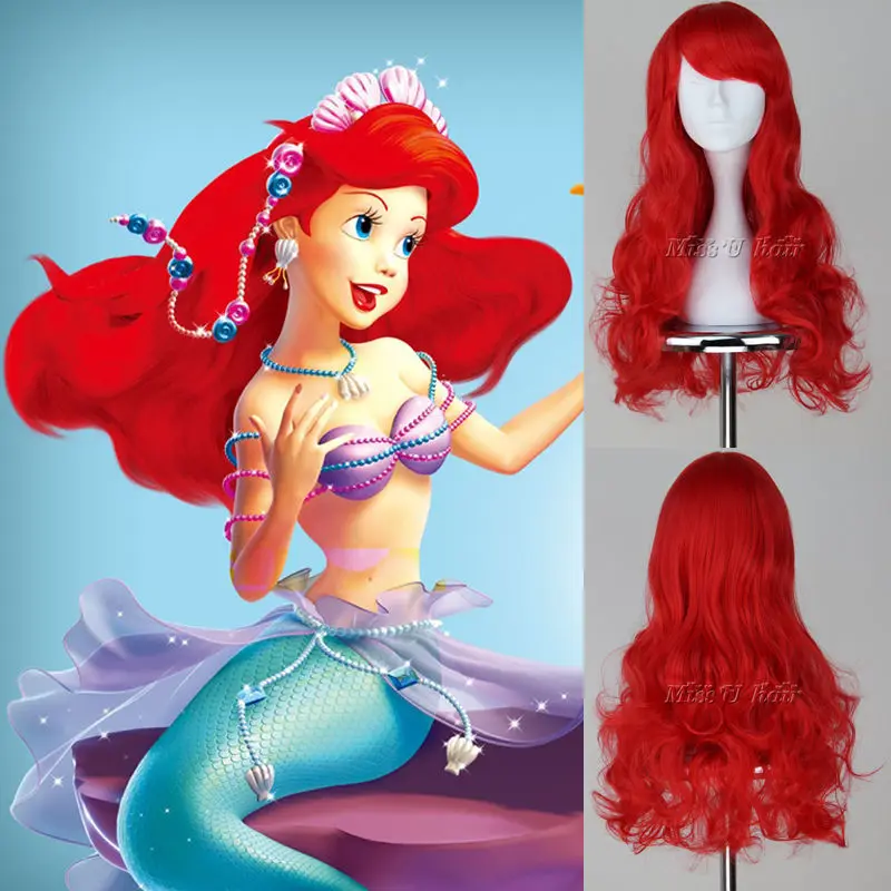 Красный волнистый парик Русалочки косплей костюм с сеткой для волос комикс