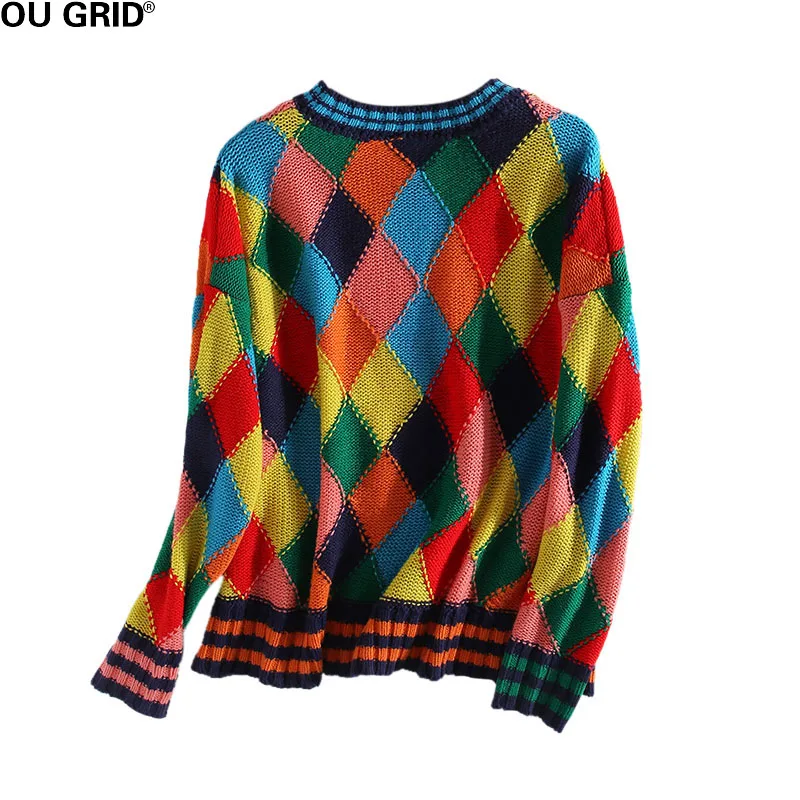 Women Colorful Plaid Sweater Pullovers 2017 Autumn Long Sleeve O-neck Fashion Bottom Casual Jumper New Arrival | Женская одежда