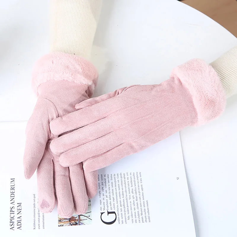C4 Pink Женские зимние теплые кашемировые рукавицы с тремя ребрами милого медведя, двойные толстые плюшевые наручные замшевые кожаные перчатки для вождения с сенсорным экраном C4 - Цвет: C4 Pink