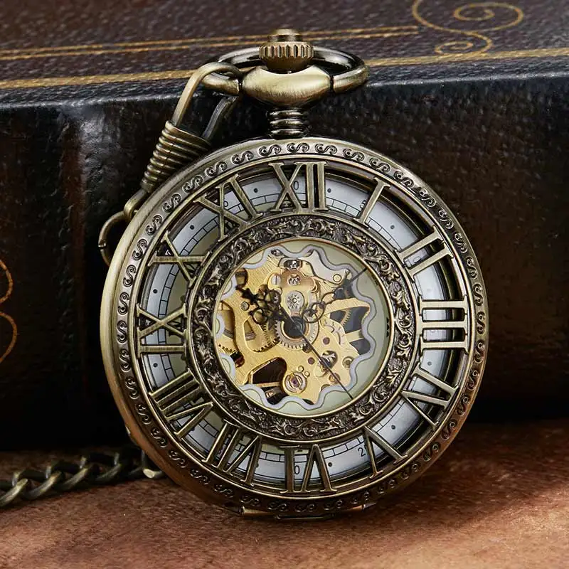

Vintage Retro Mechanical Pocket Watch With Chain Unique Roman Numerals Hollow Sculpture Hand Wind Mechanical Pocket Watches Mens