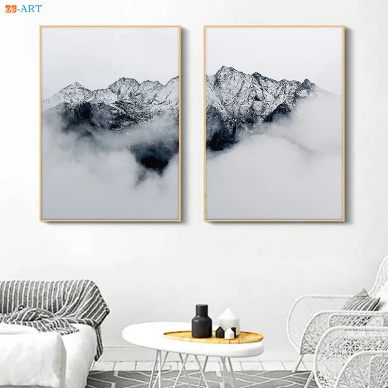 Горный принт Черный и белый Wall Art Природный Пейзаж Плакат пейзаж живопись холст