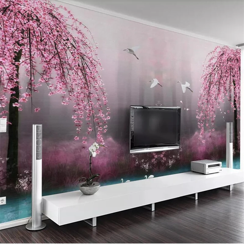 beibehang Beautiful dreamy pink cherry swan lake landscape TV background wall custom large mural green wallpaper papel de parede |