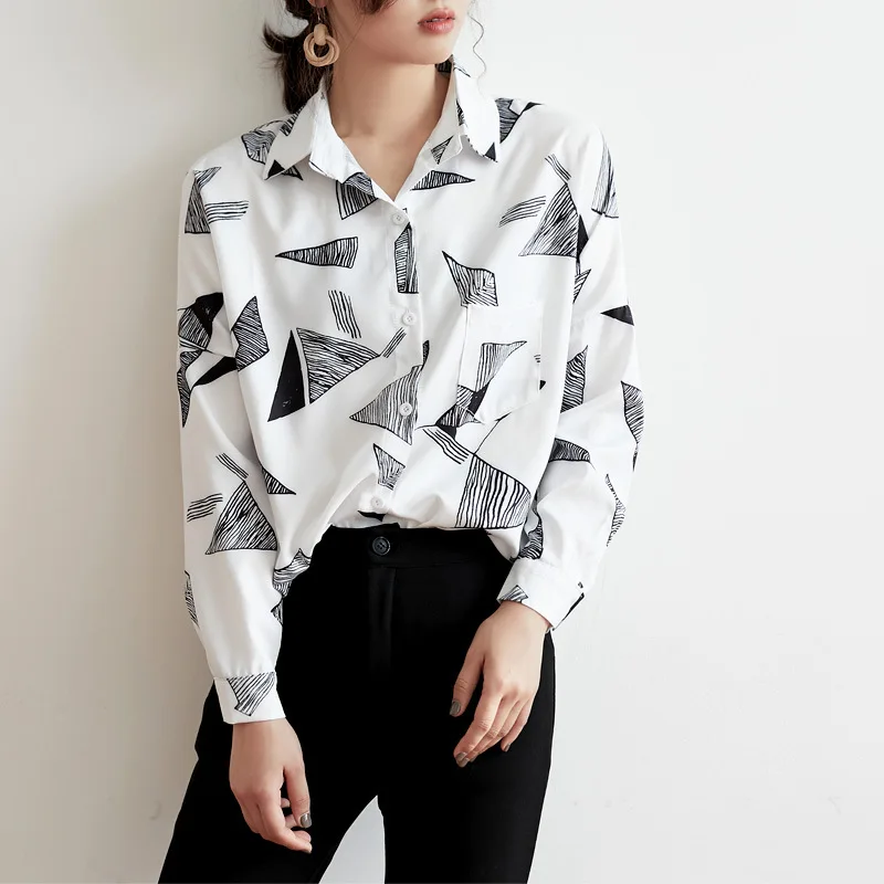 

Women Chiffon Blouse Shirt 2019 Female Clothing Long Sleeve Blusas Chiffon Women's Office Blouses Print Geometric Lady OL Top