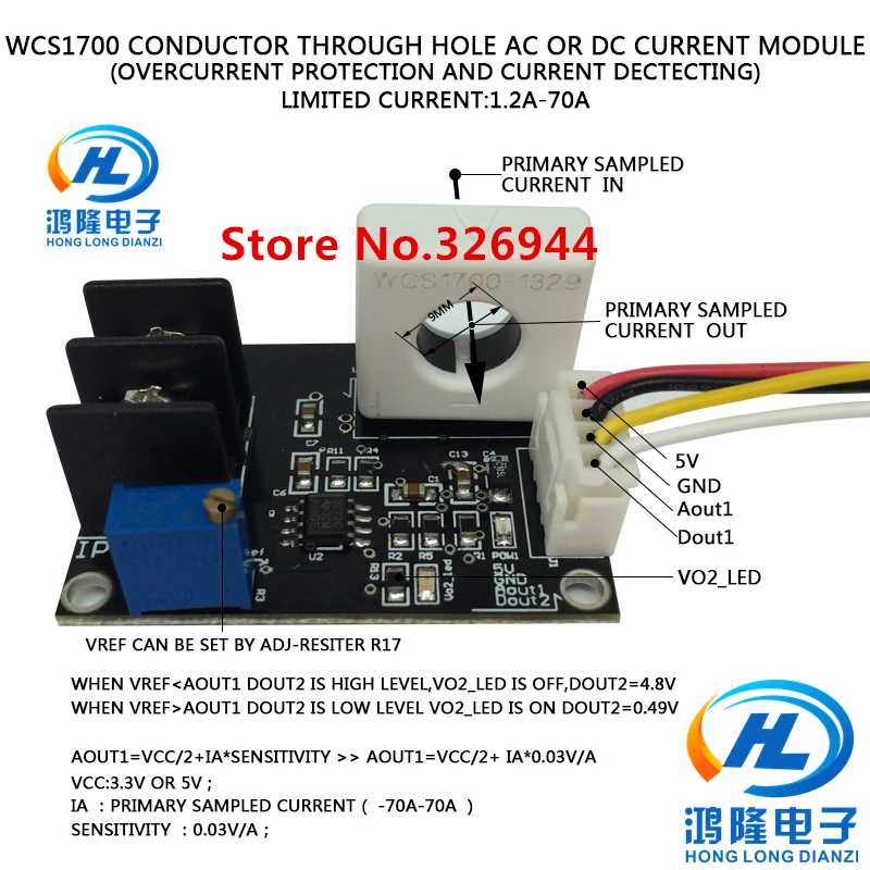 

WCS1700 Over Current Protect Conductor Through Hole -1.2A-70A Sensitivity 0.03V/1A , Power Supply 5V