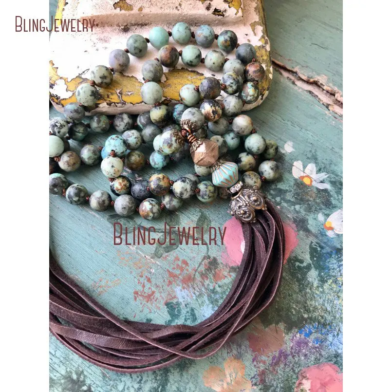 

Southwest Rustic Glam Brown Suede Fringe Tassel Necklace Hand Knot Matte African Jaspers Beads Layering Long Necklace NM14536
