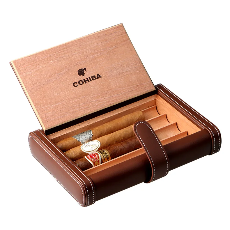 Чехол для ноутбука COHIBA, кожаный, для путешествий, для сигар, портативный, для сигар, содержит 4 сигары, изготовленные из искусственной кожи и кедрового дерева, HH-136