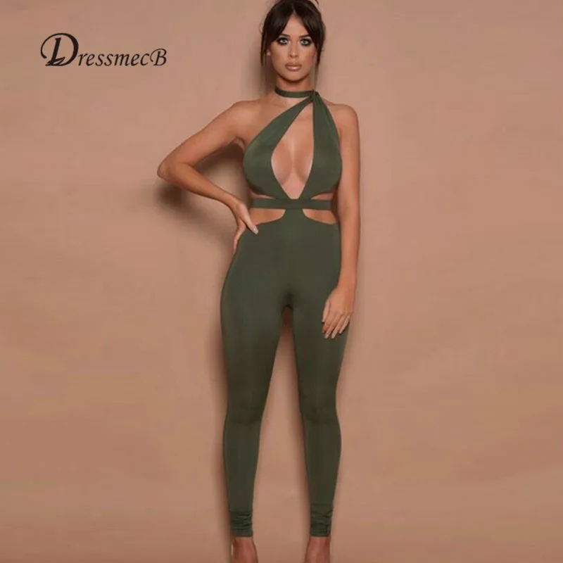DRESSMECB Глубокий V шеи повязки Холтер Стиль Тощий боди эластичный выдалбливают обтягивающий комбинезон без рукавов Спецодежда Клубная одежда