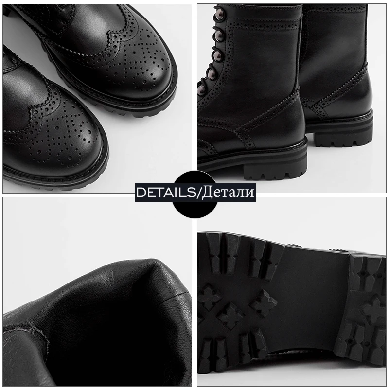 ISNOM Motorcycle Boots Women Mid-Calf Military Boot Round Toe Neutral Brogue Shoes Female Cross Tied Rivet Casual Shoes Ladies