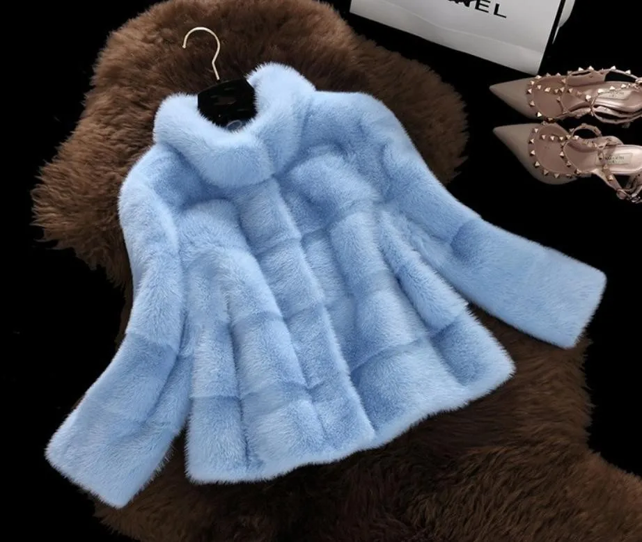 2018 New Arrival Women Winter Short Faux rabbit Fur Coat Long Sleeve Solid Color Blue White Pink Plus 4XL Ladies Outerwear L1345 | Женская