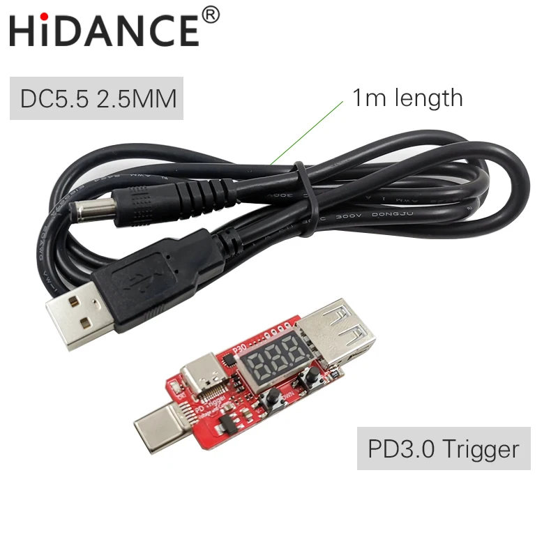 Цифровому тестеру HiDANCE Тип-c PD2/3,0 переменного тока в постоянный 5,5*2,5 мм DC5525 спусковой тросик QC4 зарядное устройство для ноутбука 15/20V или 9 В/12 V отображения тока и напряжения
