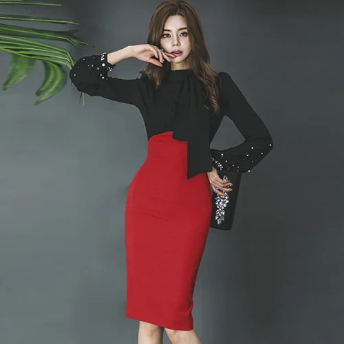 black H Han queen, лоскутное, на шнуровке, шифоновое платье-карандаш, для женщин,, Осеннее, элегантное, сексуальное, до колена, облегающее, облегающее платье, OL Vestidos - Цвет: black