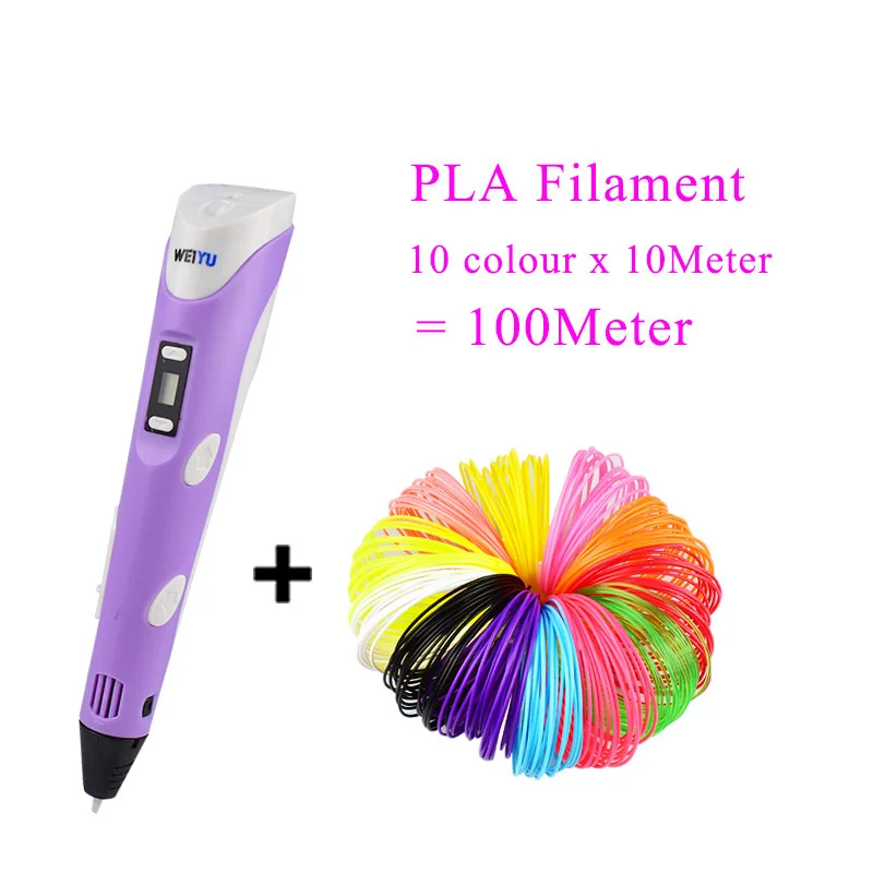 purple pen and 100m 3Д Ручка Weiyu 2 го Поколения с LCD дисплеем для детей Высококачественный ABS/ PLA пластик для создания фигурок - Цвет: purple pen and 100m