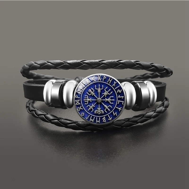 Viking Compass Multilayer Beads Snap Button Bracelet Men Fashion Braided Leather Bracelets Bangles Retro Punk Wrap Wristband
