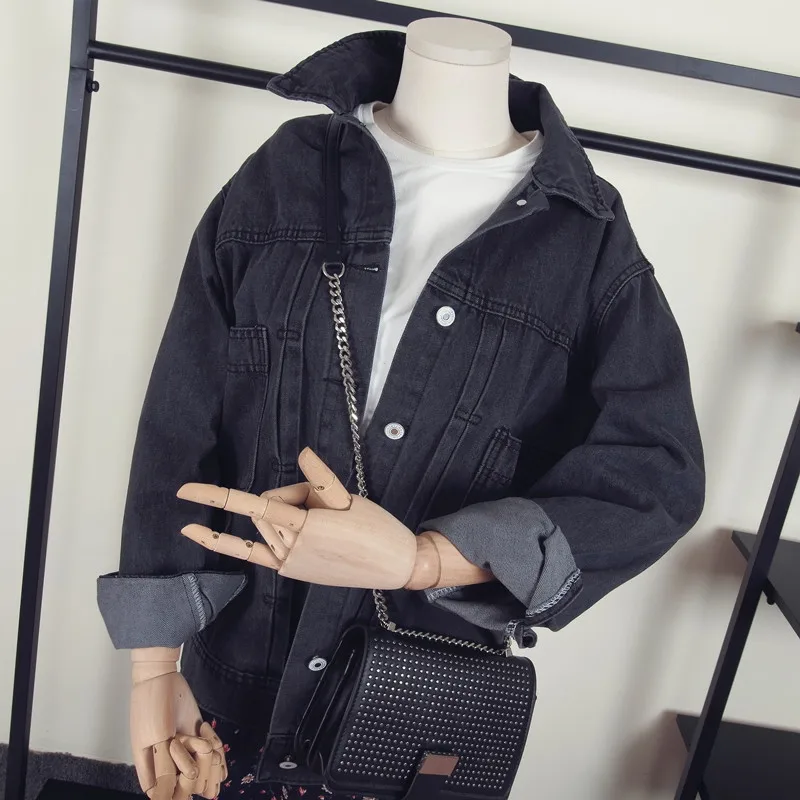 Vintage Long sleeve Black Denim Jacket Women Basic Coat Spring Autumn Short Jeans Outwear Loose Turndown Ladies Jean | Женская одежда