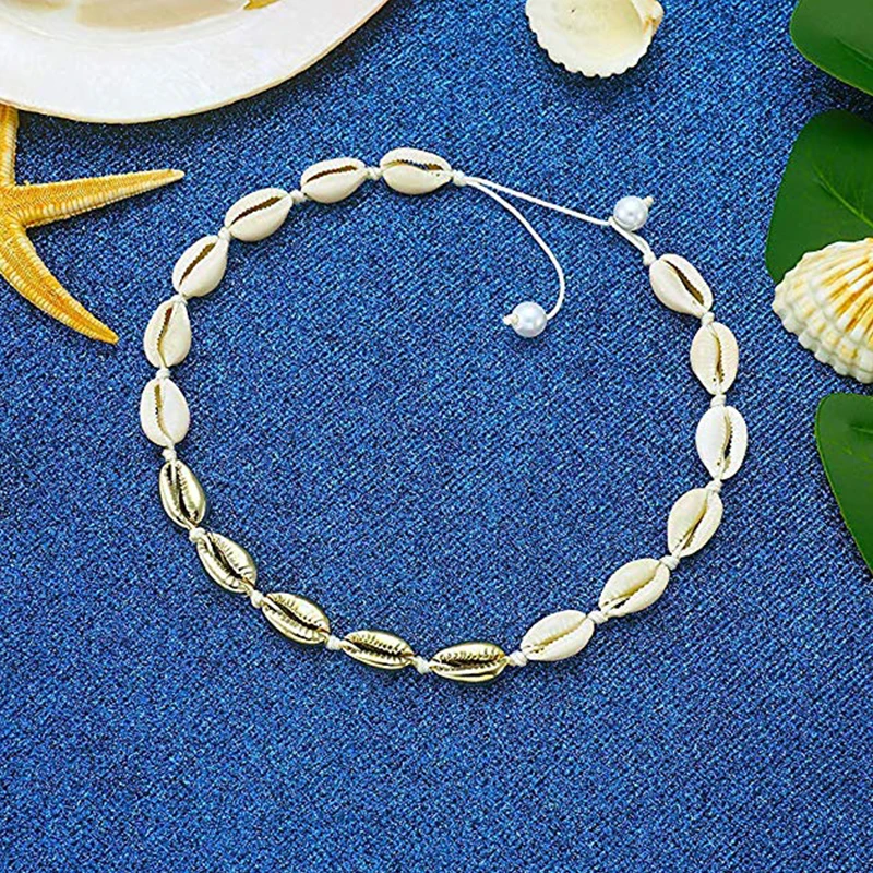 BRIGHT MOON Boho Natural Gold Shell Choker Necklace Adjustable Cowrie Seashell Handmade Rope Cord Beach Jewelry for Summer | Украшения и