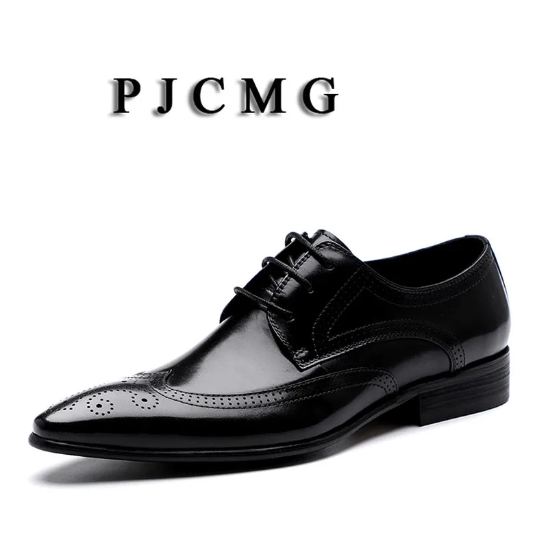 

PJCMG New Black/Brown Oxfords Formal Mens Dress Solid Lace-Up Pointed Toe Carved Genuine Leather Business Men Wedding Shoes