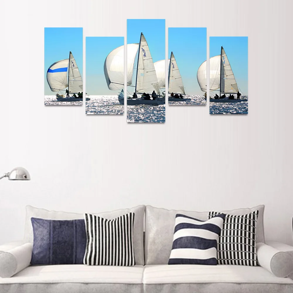 5 Panels Canvas Print White Sail boat on Ocean Painting Wall Art Picture Home Decoration SEA01417 |