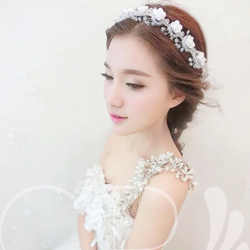 

Romantic Ceramic Flower Crystal Beads Headbands for Women Wedding Crown Handmade Bridal Tiara with LED Light Luminous Garland