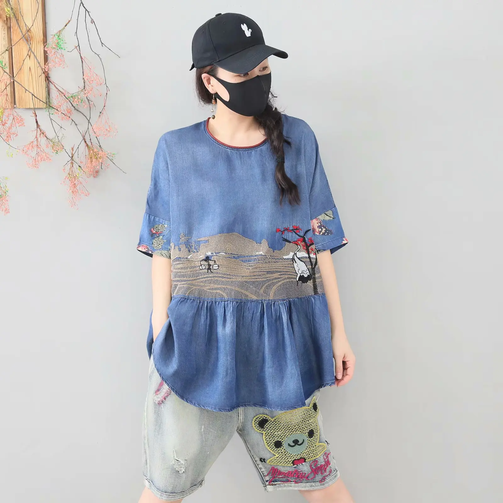 Винтажная Футболка женская джинсовая свободная с круглым вырезом Воротник