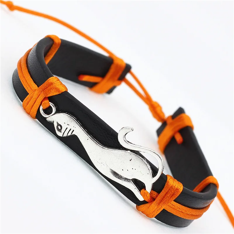 Antique Cute Cat Charms PU Leather Bracelets Lovely Animal handmade Braid colorful Jewelry kids Gifts for drop shipping | Украшения и