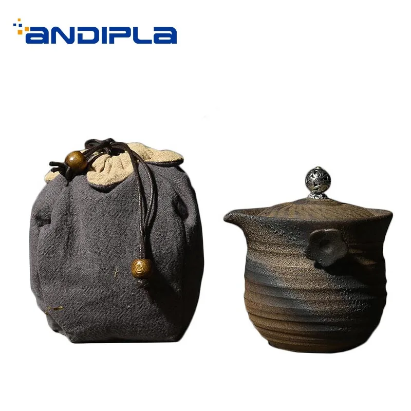 

Vintage Quick Cup Teaware Set Handmade Raw Ore Coarse Pottery 1 Teacup+1 Teapot+1 Travel Bag Kit for Easy Carry / Drinkware Gift