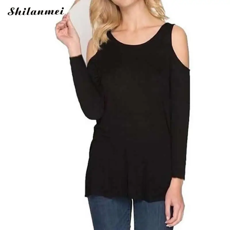 Сексуальная полые спинки Для женщин осенняя футболка с длинным рукавом плеча Femme